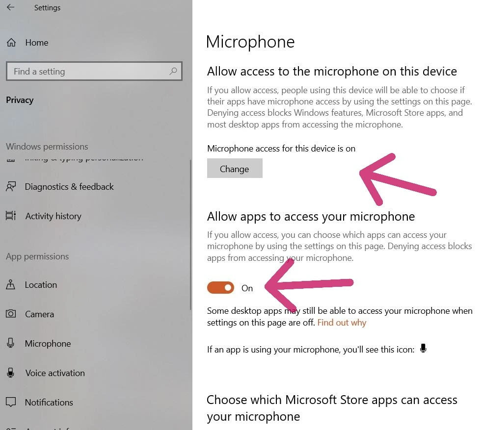 Windows Privacy Microphone Settings Screenshot